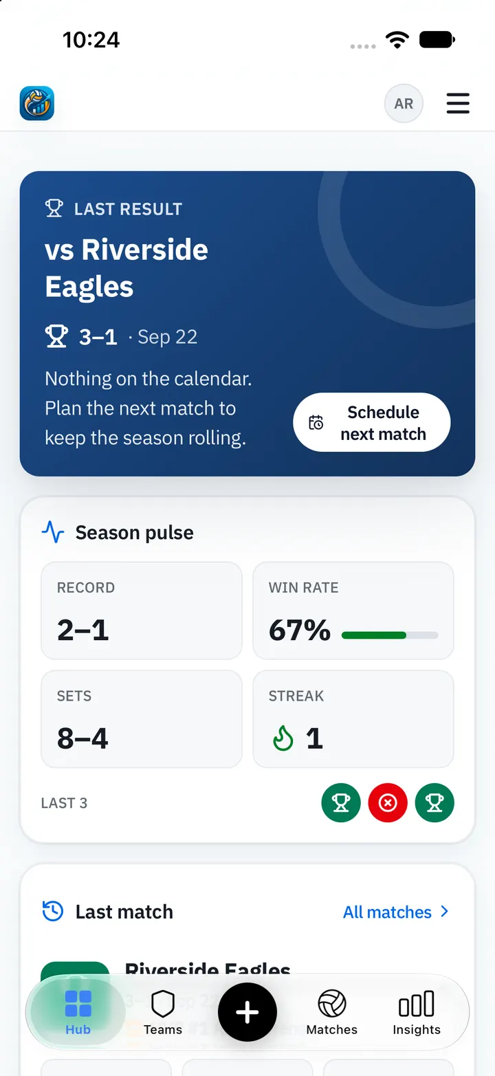 Home in the VolleyInsights app: last result, season record, win rate and streak